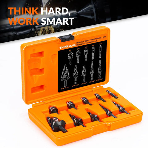 Pro Grade Step Drill Bit Set With Four Spiral Flutes And Countersink Bits In A Sturdy Tool Box For Metal Aluminum Wood And Plastic Featuring Nitrided HSS Bits By Thinkwork in orange case