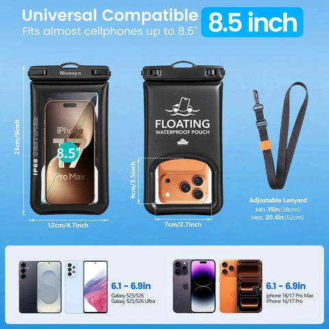 IP68 Floating Waterproof Phone Pouch Two Pack Fits Up To 8.5 Inches With Secure Locking Submersible Case shown with phone inside