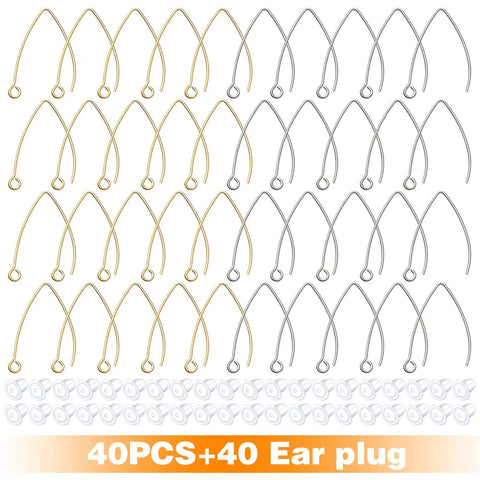 40Pcs Stainless Steel Earring Hooks Hypoallergenic V Shaped Ear Wires And 40Pcs Clear Bullet Earring Backs For DIY Dangle