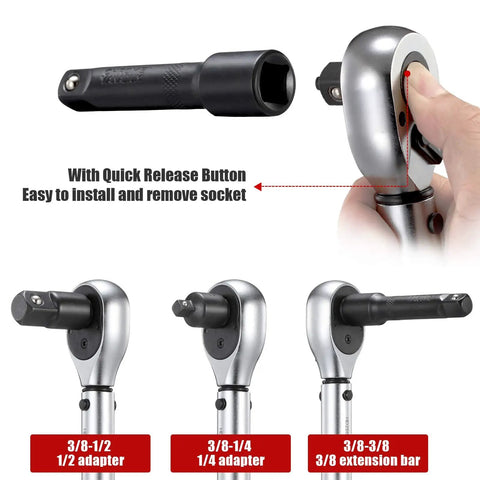 Beefy 3/8-Inch Drive Click Torque Wrench With 10-100 Ft-Lb / 15-135 Nm Range showing quick release button and adapters.