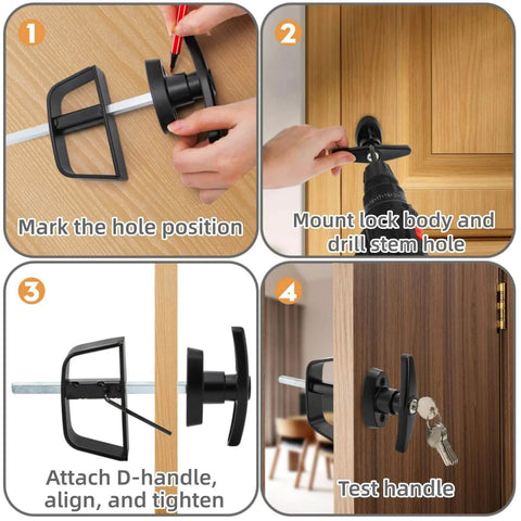 Installation guide for All In One Shed Door Latch Kit With T Handle Lock And Five Keys showing steps for door setup and testing.
