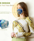 Woman wearing KN95 Face Masks 50 Pack 5 Ply Breathable Safety Respirators Multicolor Cup Style Disposable Dust Mask With Nose Clip.
