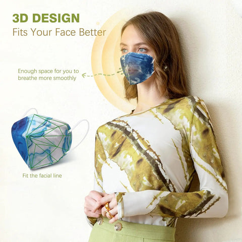 Woman wearing KN95 Face Masks 50 Pack 5 Ply Breathable Safety Respirators Multicolor Cup Style Disposable Dust Mask With Nose Clip.