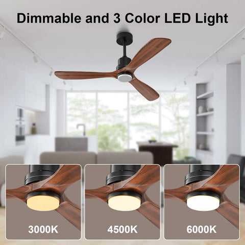 52 Inch Mainstay Ceiling Fan With Bright Led Glow And Zero Buzz Wireless Remote For Indoors Outdoors Solid Walnut Wood Design Silent Dc Motor with dimmable 3 color LED light.