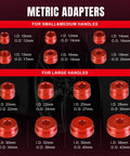 Red metric adapters from 33Pc Bearing Race And Seal Driver Set With Metric And SAE Adapters, labeled by size