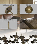 Top Shelf Upholstery Tacks For Furniture Makeovers 120 Piece Antique Bronze Hardware close-up showing thickened nail caps and textures.