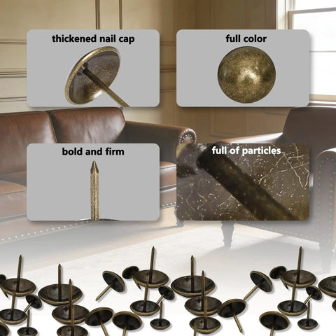 Top Shelf Upholstery Tacks For Furniture Makeovers 120 Piece Antique Bronze Hardware close-up showing thickened nail caps and textures.