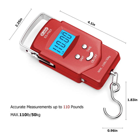 Digital Luggage Scale 110 Lb With Tape And Stainless Steel Hook Ultra Accurate For Travel And Fishing A Super Handy Weighing Tool For Baggage Or Gear Everyday Carry, red digital scale with hook