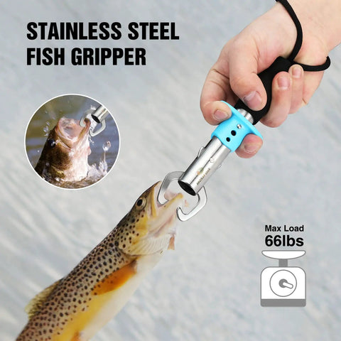 Hand holding fish with stainless steel gripper, part of 4 Piece Pistol Grip Fishing Tool Kit With 45 Degree Pliers Fillet Knife Gripper Line Snips And Fly Fishing Retractor With Retractable Lanyard For Anglers Includes Split Ring Head Hook Remover Wire Cutter Crimp Slots And Non Slip Grip. Max load 66lbs