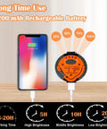 LED Camping Lantern With Magnetic Base, Rechargeable 2200 mAh Battery, next to charging phone, battery percentages shown
