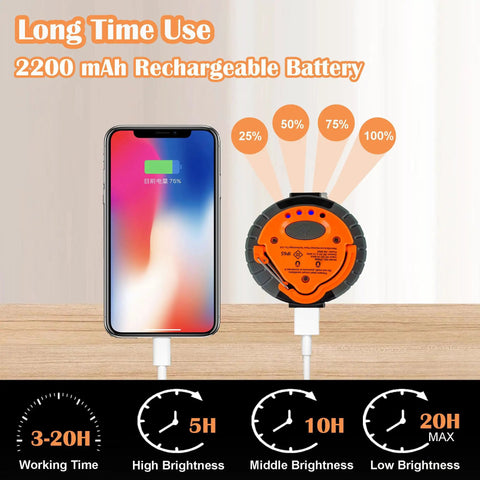 LED Camping Lantern With Magnetic Base, Rechargeable 2200 mAh Battery, next to charging phone, battery percentages shown