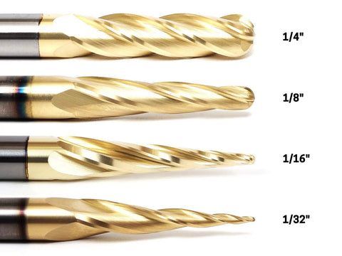 Tapered Endmill Ball Nose Router Bits Set for CNC Engraving Pro Grade Solid Carbide Spiral Cutters with 1 Quarter Inch Shank 1 Inch Cutting Length Includes 3 and 4 Flute Bits Multi Axis Carving ZRN Coated
