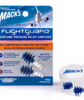 FlightGuard airplane pressure relief earplugs with 26dB NRR and 33dB SNR, shown with silicone flanges and storage case.