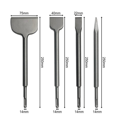 Beefy SDS Plus Rotary Hammer Tile Chisel Set 4 Piece Kit Includes Pointed Flat Scraping And Tile Spade Bits For Demolition And Removal