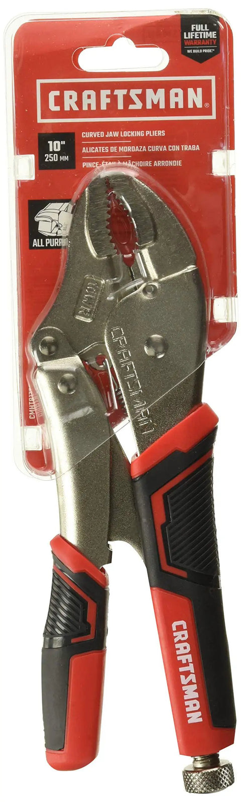 Locking Pliers With Curved Jaw, 10 Inch, One Handed Operation, Easy Release, Bi Material Grips in packaging
