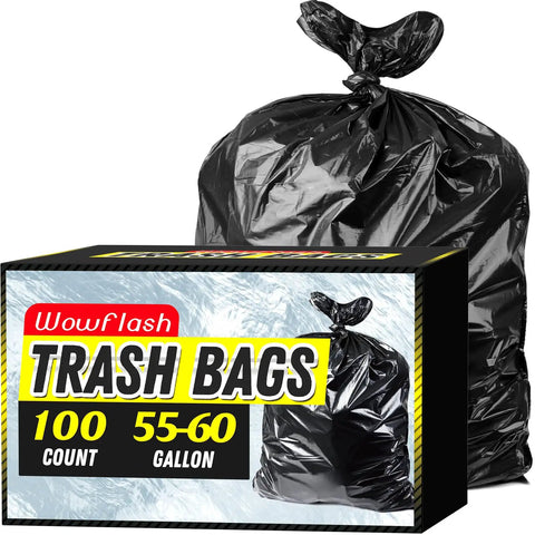 100 Count 55 To 60 Gallon Black Trash Bags Heavy Duty Tear Resistant And Extra Sturdy Commercial Can Liners with packaging