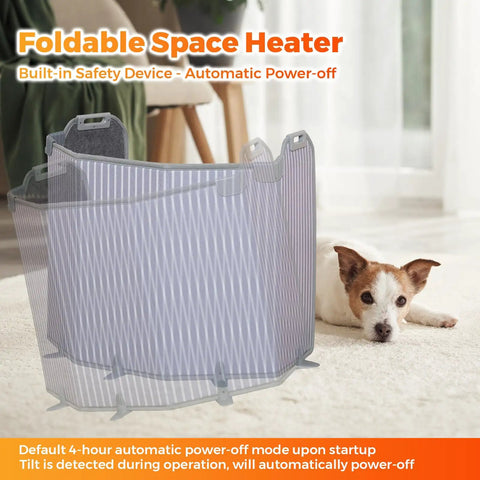 Foldable space heater with dog lying in living room, showcasing Quiet Under Desk Space Heater For Office And Home features.