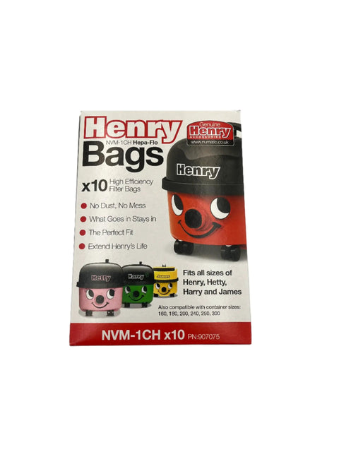 Box of NVM-1CH HepaFlo Dust Bags for Henry and James Vacuum Cleaners Pack of 10 Boss Replacement Bags showing vacuum design.