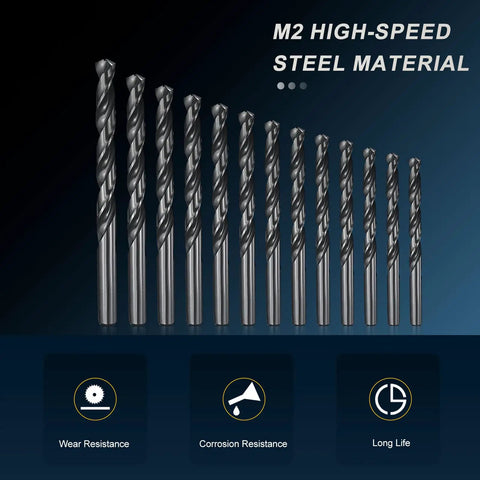 Top Notch 13 Pack Drill Bit Set From 1 16 Inch To 1 4 Inch Featuring Tough M2 High Speed Steel, Straight Shank Design For Metal Wood And Steel With Super Sharp 135 Degree Split Point And Durable Black Oxide Finish, M2 HSS drill bits