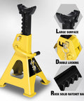 Yellow 3-ton car jack stand with black adjustable post and wide base; heavy-duty steel.