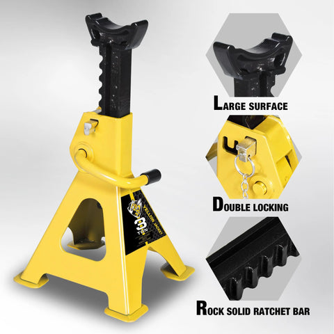 Yellow 3-ton car jack stand with black adjustable post and wide base; heavy-duty steel.