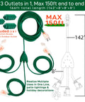 Outdoor Extension Cord 150 Ft With 1 To 3 Splitter, 3 Outlets, 16 AWG Heavy Duty, ETL Listed, diagram showing 166 ft total reach