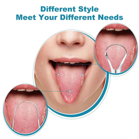 Person using Three Piece Metal Tongue Scraper Set For Adults With Dual Handle Design Stainless Steel Tongue Cleaners in action