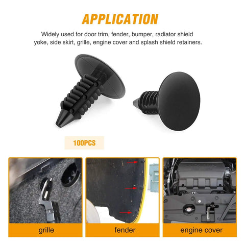 Zero Drama Heavy Duty Nylon Bumper Fastener Rivet Clips And Fender Shield Retainer Push Pin, 100 pack, ideal for grille and fender applications.