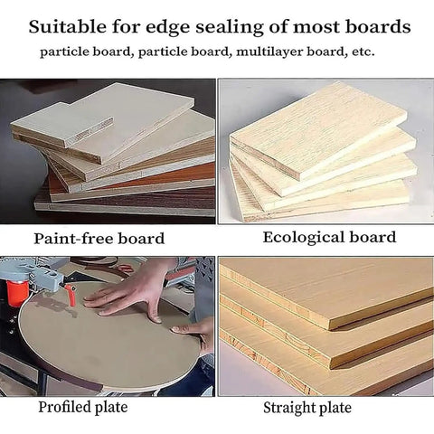 Suitable boards for Portable Edge Bander For Woodworking, paint-free, ecological, profiled, and straight plates shown