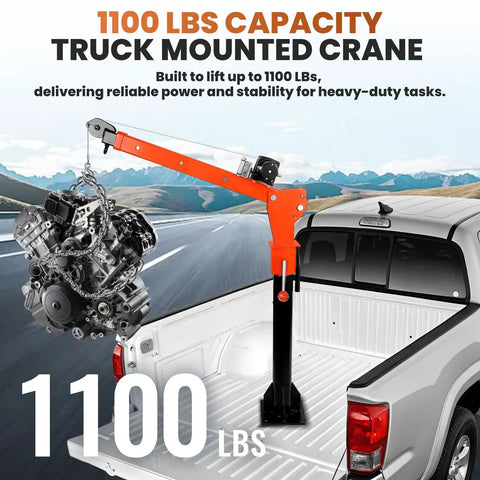 Solid As A Rock Folding Truck Bed Crane With 1100 Lb Capacity And 2000 Lb Electric Winch 12V 360 Swivel Alloy Steel Jib Hoist lifting engine in truck bed.