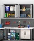 Heavy Duty Wall Mounted Steel Garage Cabinet With Locking Doors And Adjustable Shelves Built To Last Storage For Your Workshop Or Shed Utility Room Black And Gray Finish, shown above a workbench with tools and supplies.