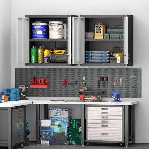 Heavy Duty Wall Mounted Steel Garage Cabinet With Locking Doors And Adjustable Shelves Built To Last Storage For Your Workshop Or Shed Utility Room Black And Gray Finish, shown above a workbench with tools and supplies.