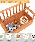 Outdoor Wood Storage Bench With Seating And Armrests Large Deck Box open with gardening tools and toys inside