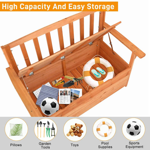 Outdoor Wood Storage Bench With Seating And Armrests Large Deck Box open with gardening tools and toys inside