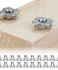Heavy Duty Four Pronged T Nuts for Wood Furniture Assembly installed in wooden block, with set of 20 pieces below.