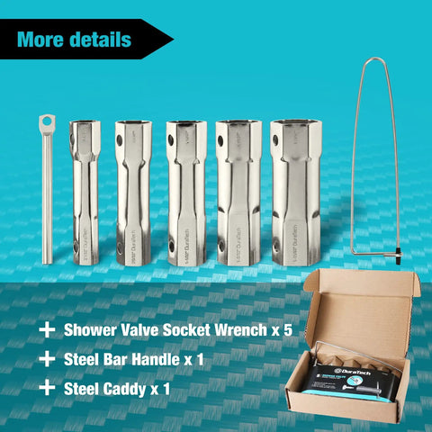 Shower Valve Socket Wrench Set With Bar Handle For Tub And Shower Valve Removal, 5-Piece SAE Kit with storage caddy