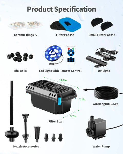 All In One Pond Filter Kit With U V Clarifier, 660 GPH Pump, 40W Power, RGB LED Lights, Built In Fountain components diagram