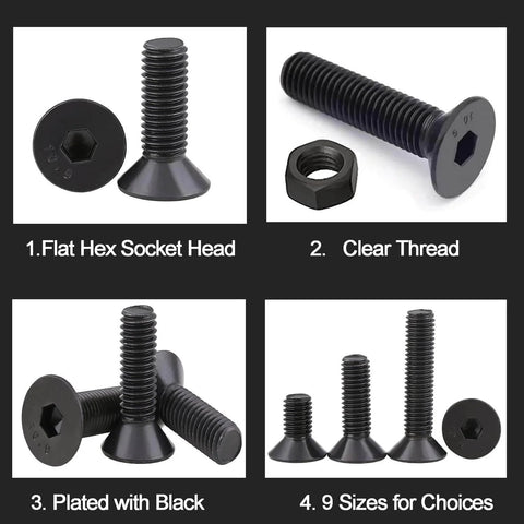 Black 219-Piece Metric M4 M5 M6 Flat Head Socket Cap Screws And Nuts Set In Alloy Steel With Hex Socket Drive