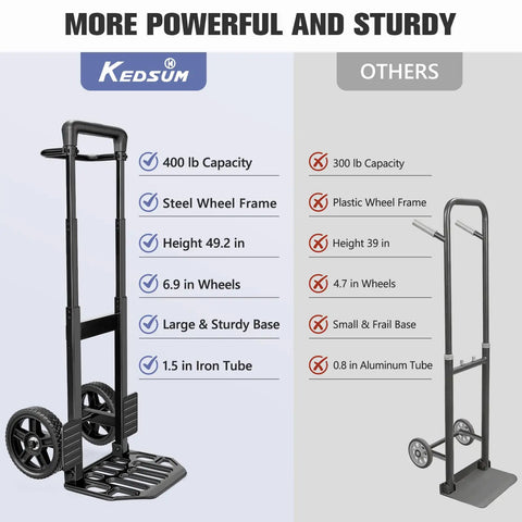 Straight Up Heavy Duty Folding Hand Truck With Seven Inch Solid Rubber Wheels, 460 Pound Weight Capacity All Terrain Rolling Cart in comparison display.