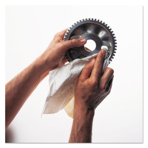 Hands using PowerClean X70 Medium Duty Cloths Quarterfold Wipes For Industrial Cleaning on a gear to remove grime and oil