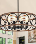 Rustic Black Wood Drum Chandelier With Eight Lights 23.25 Inch Diameter Modern Industrial Pendant Lighting For Dining Room