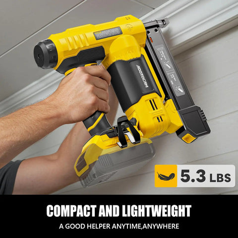 Person using Cordless Brad Nailer For 20V Max Battery Compatible, 2 In 1 Nail Gun With 1000 Nails And 500 Staples on trim