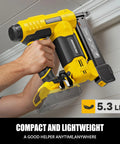 Pro Hustle Cordless Brad Nailer Compatible With DeWalt 20V Max Batteries For Quick Trim And Cabinet Repairs Straight Shot Accuracy in hand.