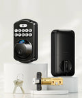 Keyless Fingerprint Door Lock With Keypad Deadbolt in Matte Black on display, showcasing keypad, locking mechanism, and key.