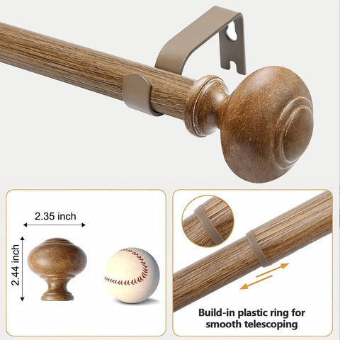 Heavy Duty Wood Curtain Rods for Windows 48 to 84 Inches with 1 Inch Diameter, Imitation Wood Grain Finials, bracket and telescoping feature