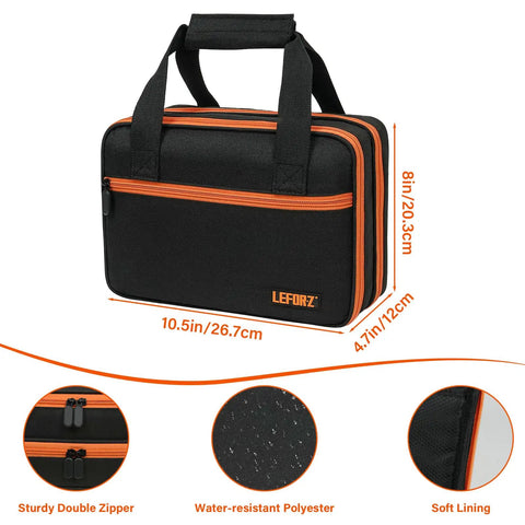 Rugged Double Layer Carrying Case For Electrical Testing Gear Fits ET310 ET80101 ET80016 shown with dimensions and zipper details
