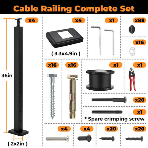 Hella Solid DIY Cable Railing Post Kit Complete Stainless Steel Wire Rope Deck System with 36 inch upright and all hardware.