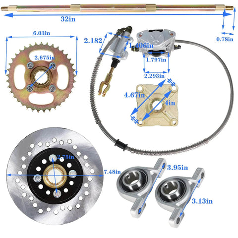 Components of 32 Inch Live Axle Kit For Go Kart ATV Drift Trikes With Shaft Hub Chain And Brake Master Cylinder Replacement