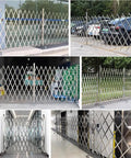 Wheeled Expandable Double Safety Gate Heavy Duty Stainless Steel Traffic Fence For Driveways And Garages Locks Down Quick No Sweat Smooth Home Security Perimeter Cover in various settings.