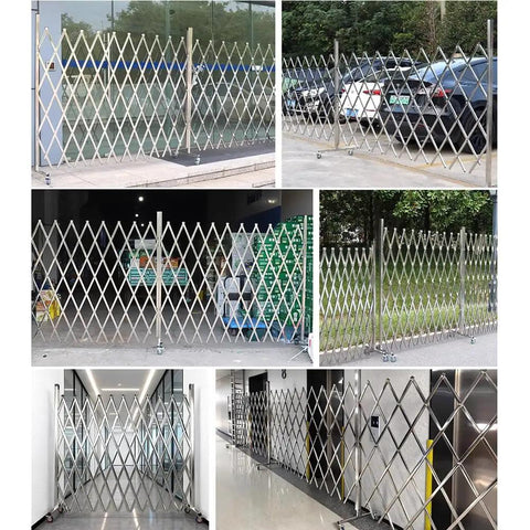 Wheeled Expandable Double Safety Gate Heavy Duty Stainless Steel Traffic Fence For Driveways And Garages Locks Down Quick No Sweat Smooth Home Security Perimeter Cover in various settings.